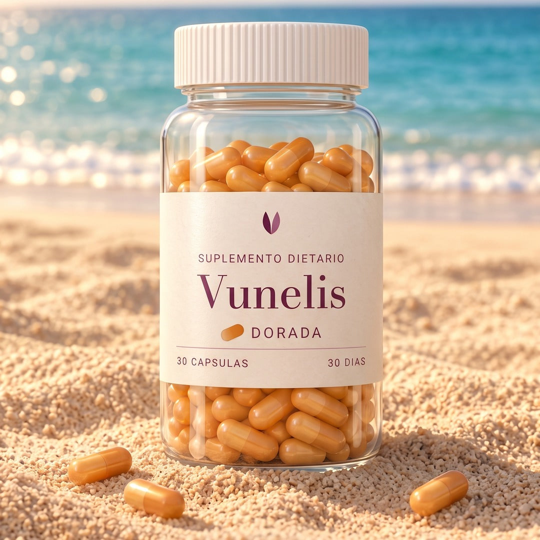 Frasco de Vunelis Dorada, 30 cápsulas, sobre la arena de la playa